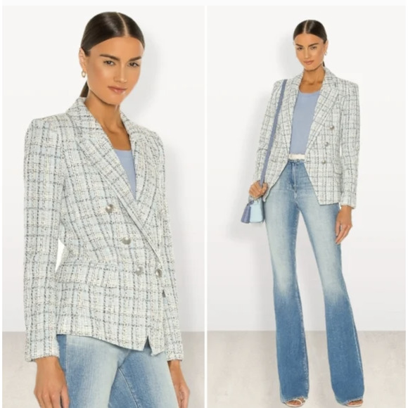 NWT L'AGENCE Kenzie Double Breasted Blazer 2 Blue Tweed Academia Office Career - Picture 2 of 8